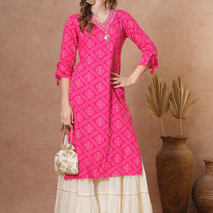 Ethnic Bandhani Printed & Embroidered Straight Fit Kurta - Pink