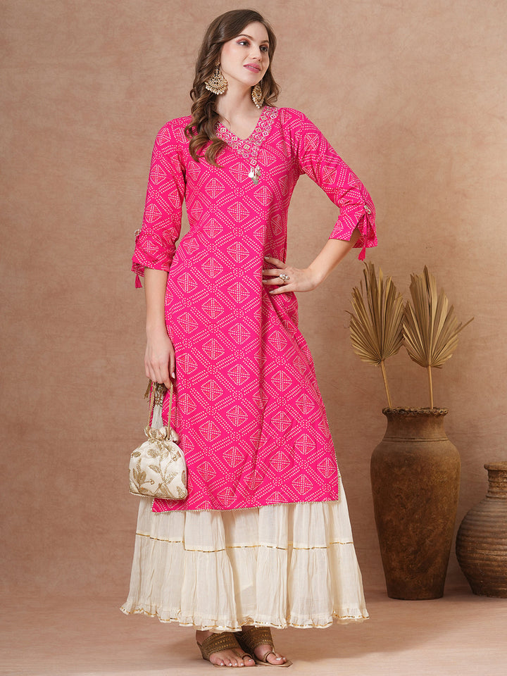 Ethnic Bandhani Printed & Embroidered Straight Fit Kurta - Pink