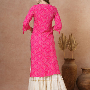Ethnic Bandhani Printed & Embroidered Straight Fit Kurta - Pink
