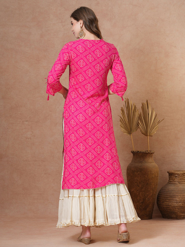 Ethnic Bandhani Printed & Embroidered Straight Fit Kurta - Pink