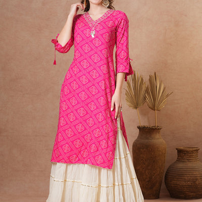 Ethnic Bandhani Printed & Embroidered Straight Fit Kurta - Pink