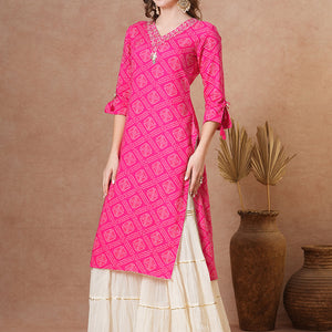 Ethnic Bandhani Printed & Embroidered Straight Fit Kurta - Pink