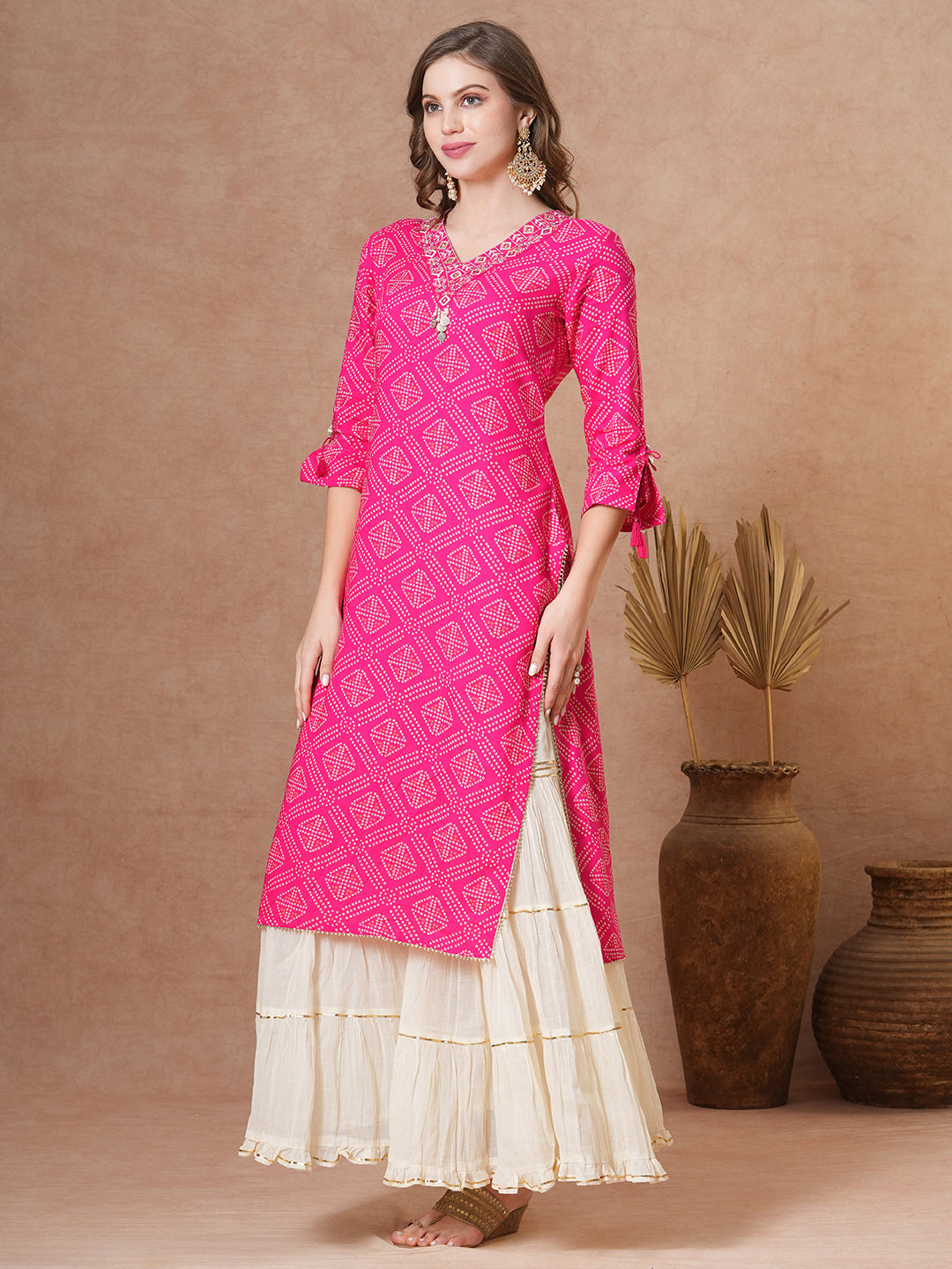 Ethnic Bandhani Printed & Embroidered Straight Fit Kurta - Pink