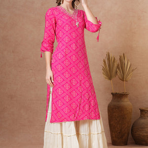 Ethnic Bandhani Printed & Embroidered Straight Fit Kurta - Pink