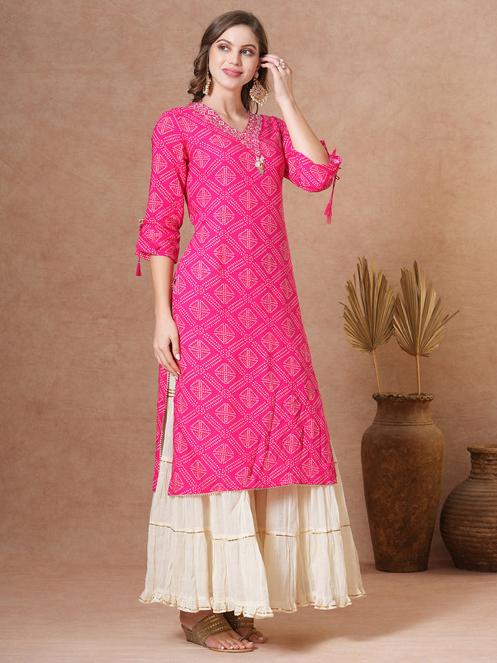 Ethnic Bandhani Printed & Embroidered Straight Fit Kurta - Pink