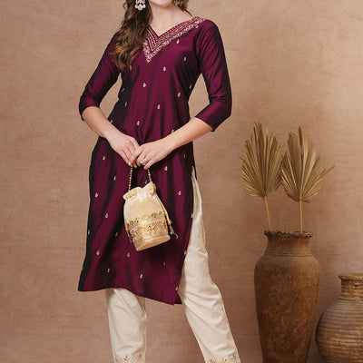 Ethnic Embroidered Straight Fit Kurta - Burgundy