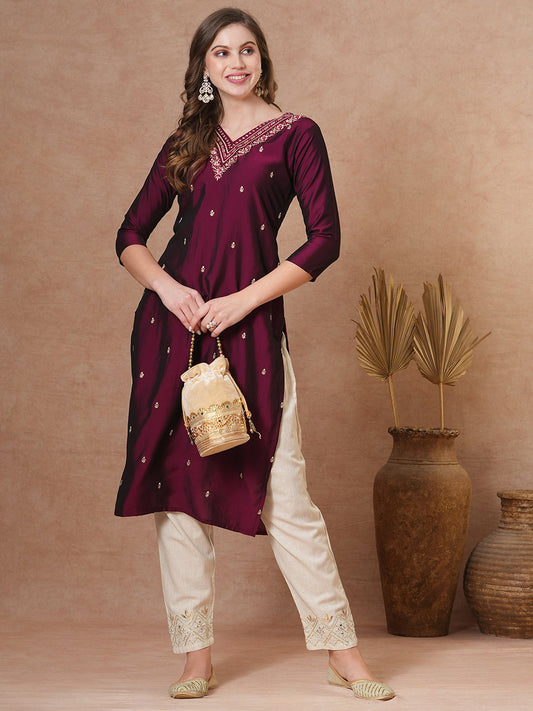 Ethnic Embroidered Straight Fit Kurta - Burgundy