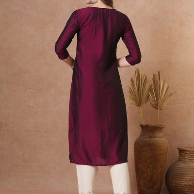 Ethnic Embroidered Straight Fit Kurta - Burgundy
