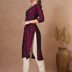 Ethnic Embroidered Straight Fit Kurta - Burgundy