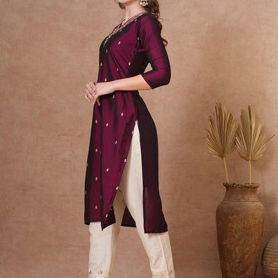 Ethnic Embroidered Straight Fit Kurta - Burgundy