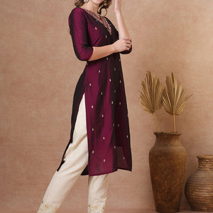 Ethnic Embroidered Straight Fit Kurta - Burgundy