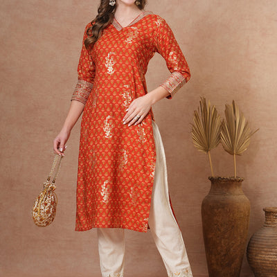 Ethnic Floral Foil Printed & Embroidered Straight Fit Kurta - Brown
