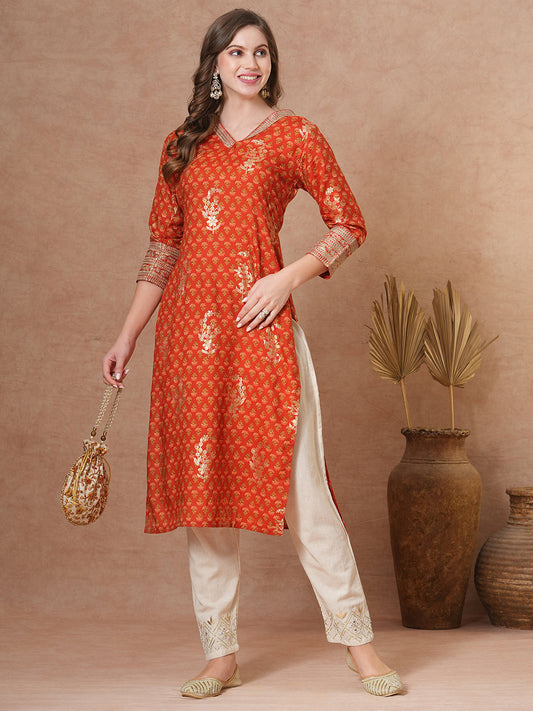 Ethnic Floral Foil Printed & Embroidered Straight Fit Kurta - Brown