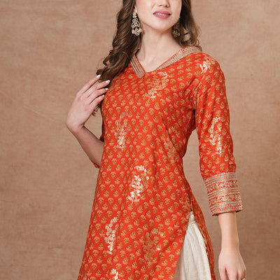 Ethnic Floral Foil Printed & Embroidered Straight Fit Kurta - Brown