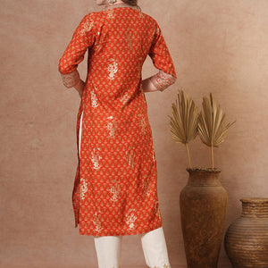 Ethnic Floral Foil Printed & Embroidered Straight Fit Kurta - Brown