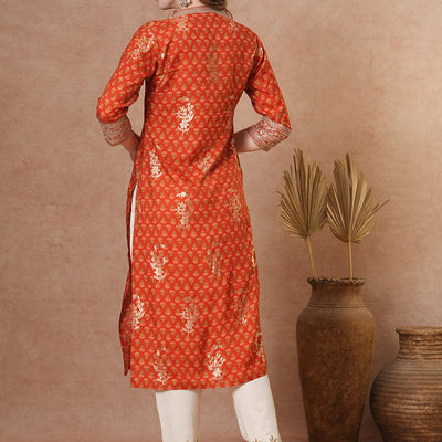 Ethnic Floral Foil Printed & Embroidered Straight Fit Kurta - Brown