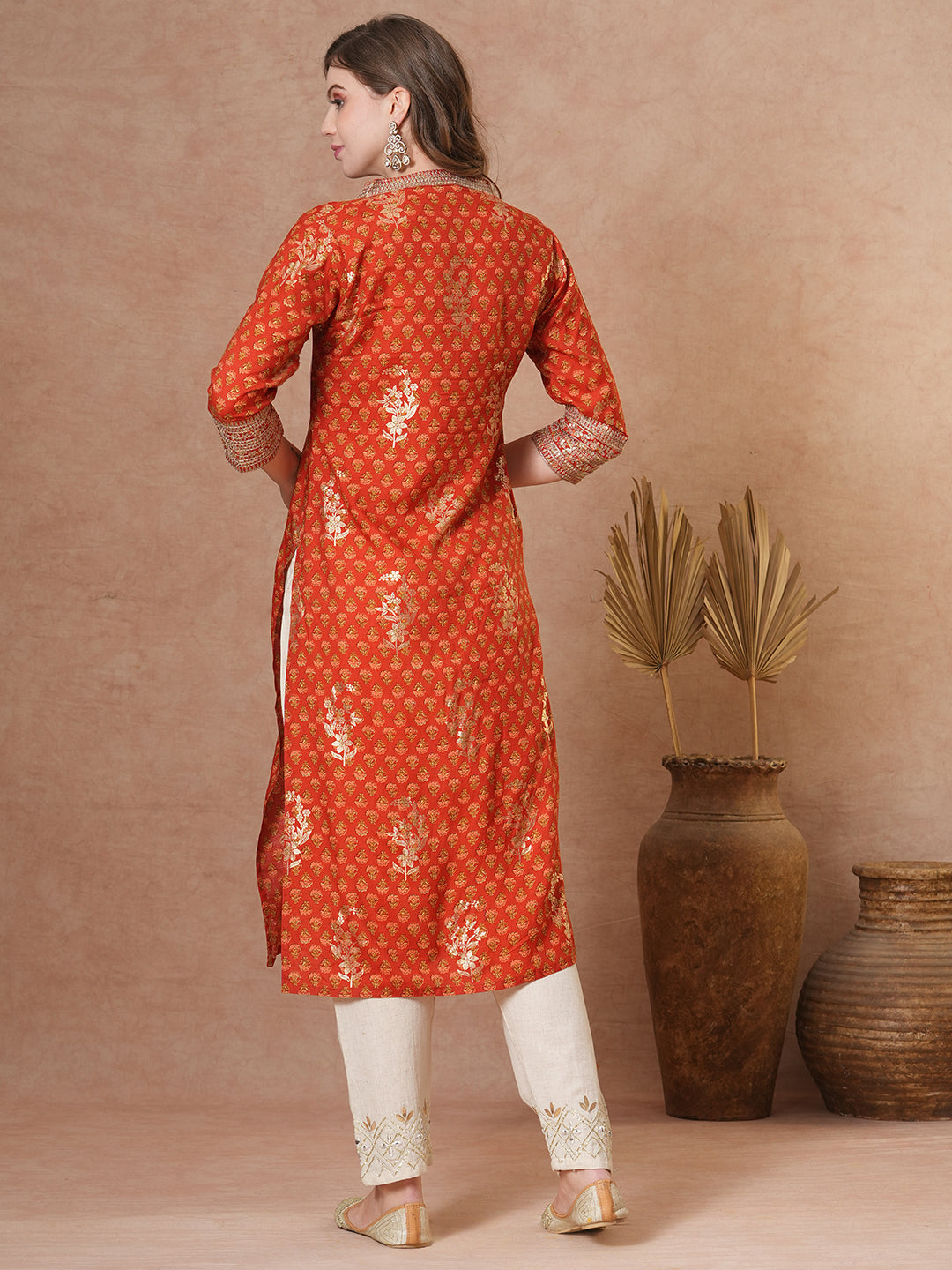 Ethnic Floral Foil Printed & Embroidered Straight Fit Kurta - Brown