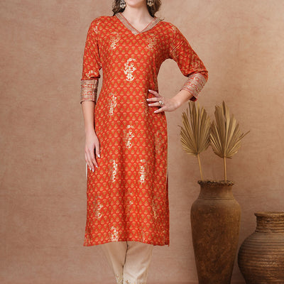 Ethnic Floral Foil Printed & Embroidered Straight Fit Kurta - Brown