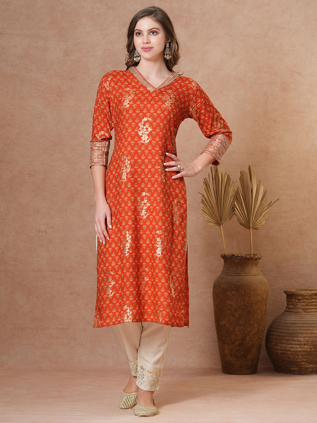 Ethnic Floral Foil Printed & Embroidered Straight Fit Kurta - Brown