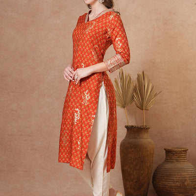 Ethnic Floral Foil Printed & Embroidered Straight Fit Kurta - Brown
