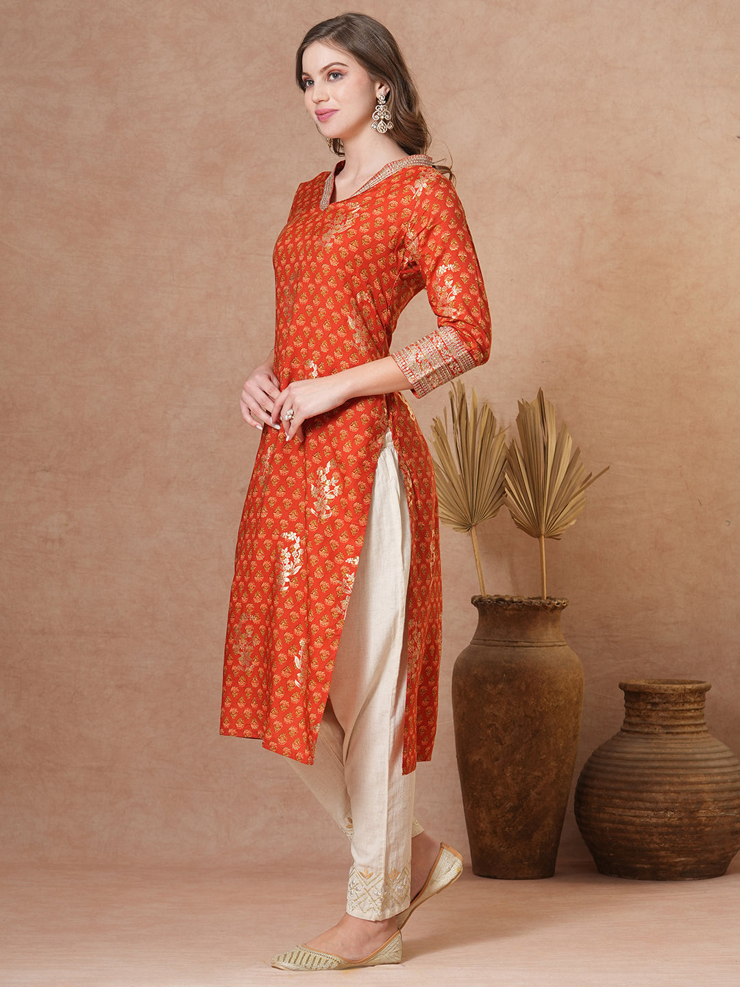 Ethnic Floral Foil Printed & Embroidered Straight Fit Kurta - Brown