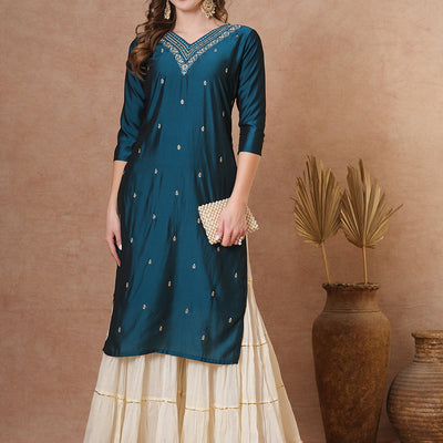 Ethnic Embroidered Straight Fit Kurta - Teal Blue