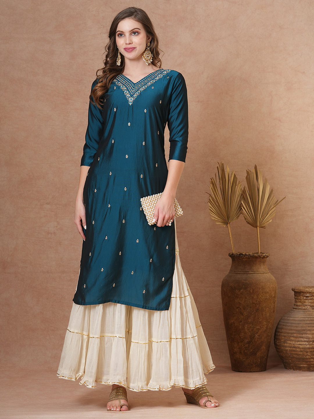 Ethnic Embroidered Straight Fit Kurta - Teal Blue