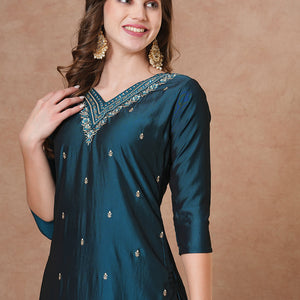 Ethnic Embroidered Straight Fit Kurta - Teal Blue