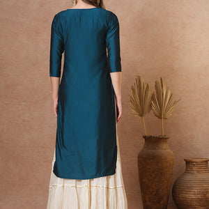 Ethnic Embroidered Straight Fit Kurta - Teal Blue