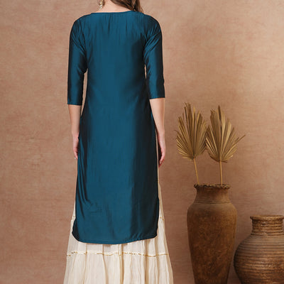 Ethnic Embroidered Straight Fit Kurta - Teal Blue