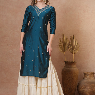 Ethnic Embroidered Straight Fit Kurta - Teal Blue