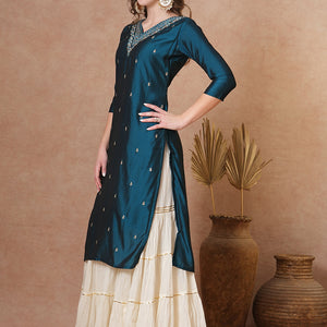 Ethnic Embroidered Straight Fit Kurta - Teal Blue