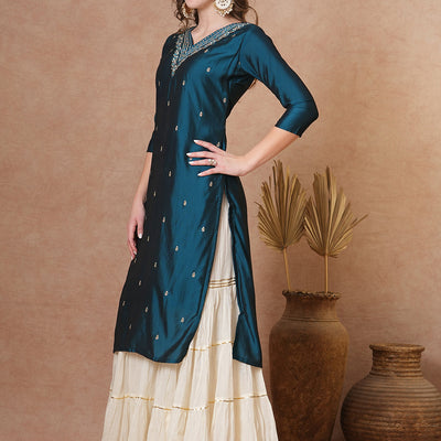 Ethnic Embroidered Straight Fit Kurta - Teal Blue