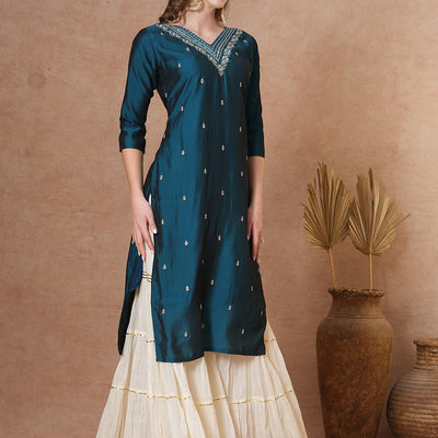 Ethnic Embroidered Straight Fit Kurta - Teal Blue