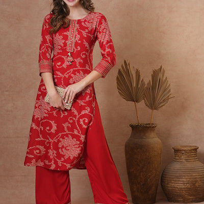 Ethnic Bandhani Printed Straight Fit Kurta with Palazzo - Red
