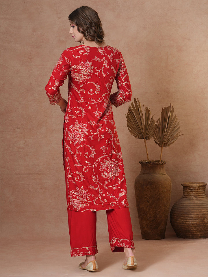 Ethnic Bandhani Printed Straight Fit Kurta with Palazzo - Red