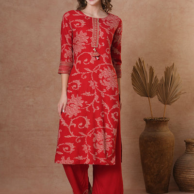Ethnic Bandhani Printed Straight Fit Kurta with Palazzo - Red