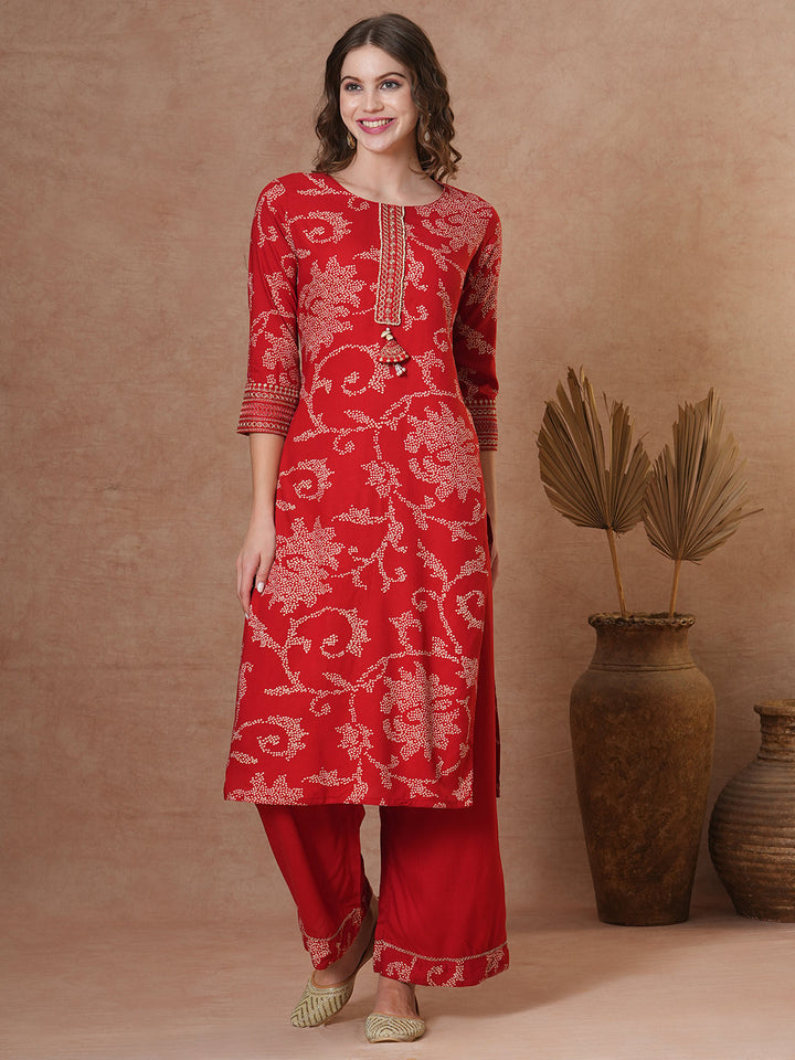 Ethnic Bandhani Printed Straight Fit Kurta with Palazzo - Red