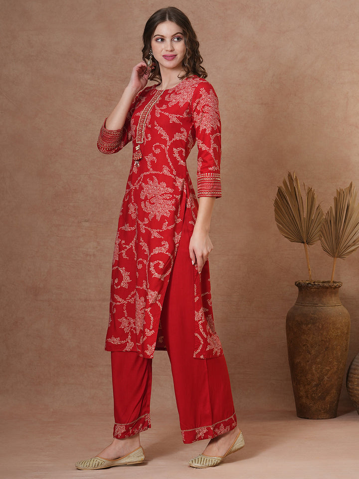 Ethnic Bandhani Printed Straight Fit Kurta with Palazzo - Red