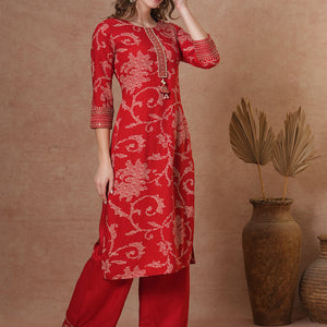 Ethnic Bandhani Printed Straight Fit Kurta with Palazzo - Red