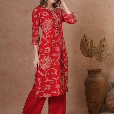 Ethnic Bandhani Printed Straight Fit Kurta with Palazzo - Red