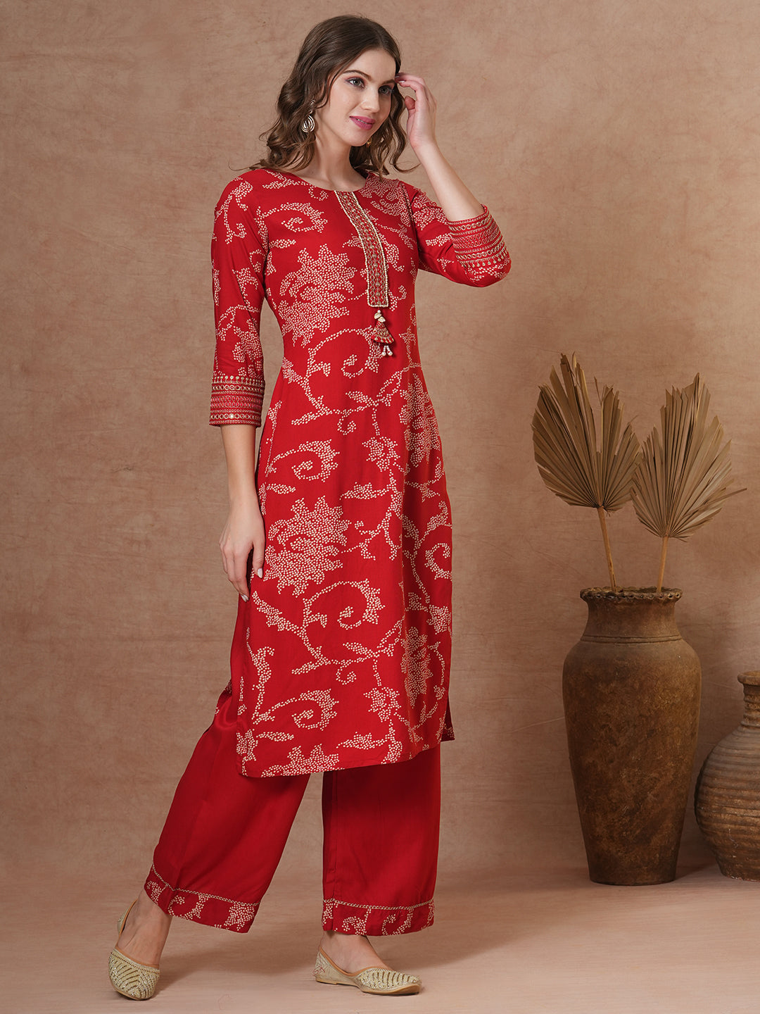 Ethnic Bandhani Printed Straight Fit Kurta with Palazzo - Red