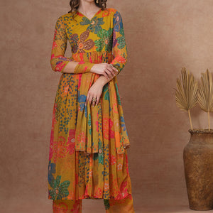 Abstract Floral Printed A-Line Pleated Kurta with Palazzo & Dupatta - Green