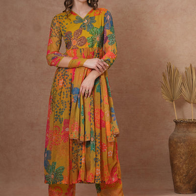 Abstract Floral Printed A-Line Pleated Kurta with Palazzo & Dupatta - Green