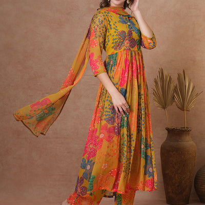Abstract Floral Printed A-Line Pleated Kurta with Palazzo & Dupatta - Green