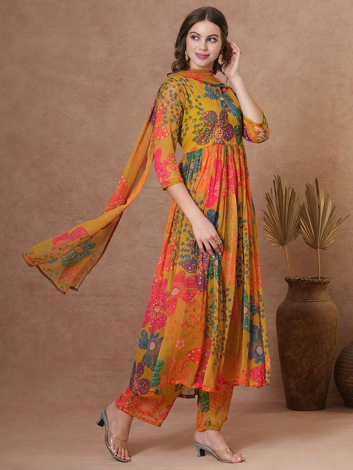 Abstract Floral Printed A-Line Pleated Kurta with Palazzo & Dupatta - Green