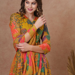 Abstract Floral Printed A-Line Pleated Kurta with Palazzo & Dupatta - Green