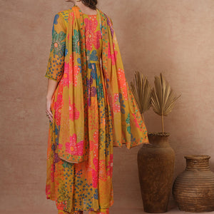 Abstract Floral Printed A-Line Pleated Kurta with Palazzo & Dupatta - Green