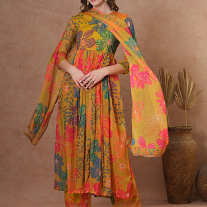 Abstract Floral Printed A-Line Pleated Kurta with Palazzo & Dupatta - Green