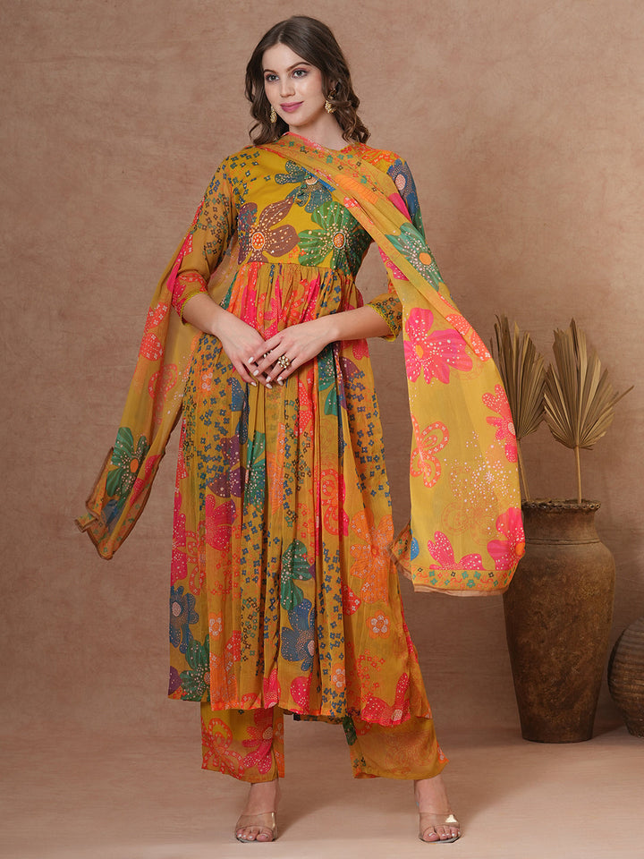 Abstract Floral Printed A-Line Pleated Kurta with Palazzo & Dupatta - Green